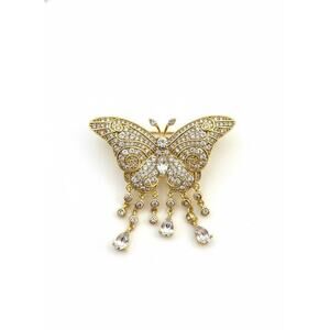 Elegant Gold Plated Butterfly Brooch Pin for Women White Crystals